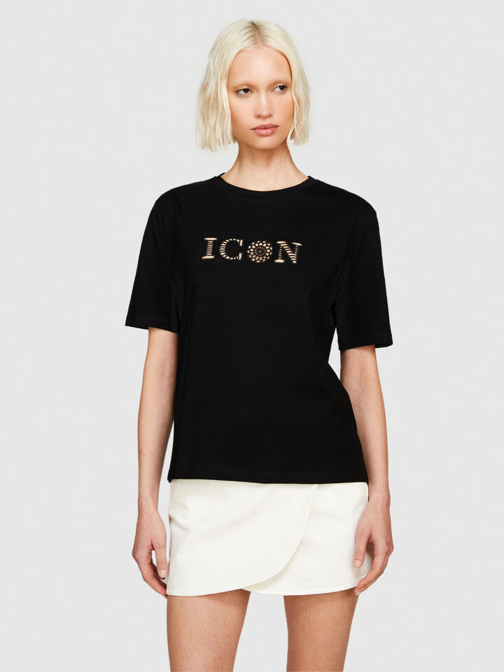T-shirt with embroidery - women's short sleeve t-shirts - Black | Sisley image number 4
